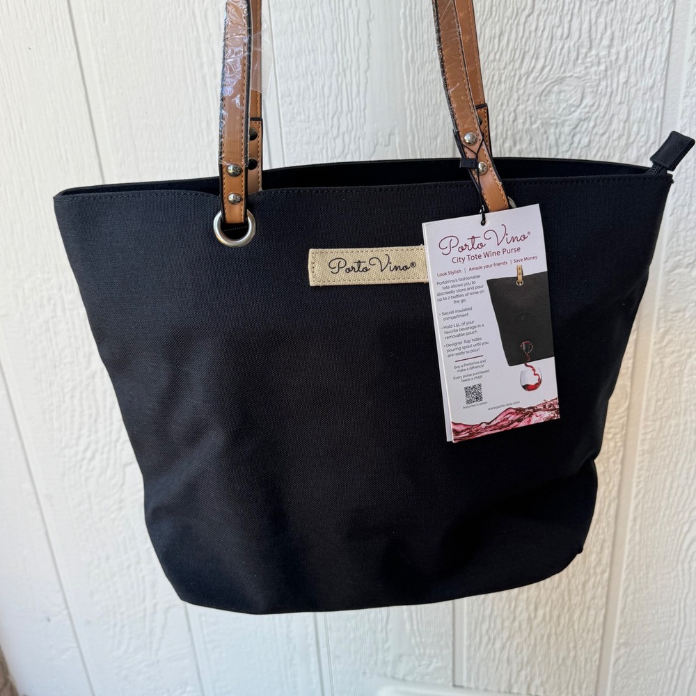NWT PortoVino City Tote Wine Purse Black Canvas Insulated Beverage Dispenser Bag